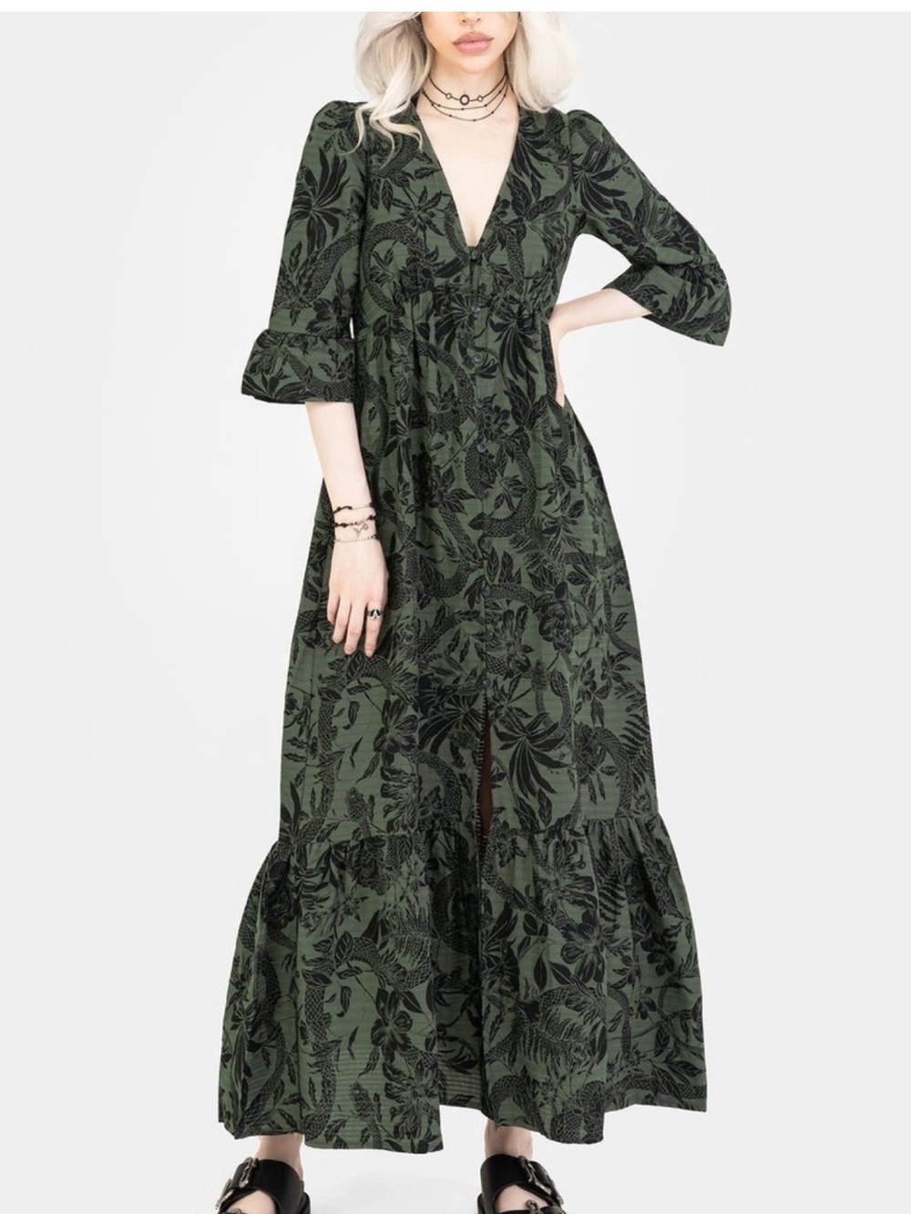Disturbia NWT Bashe Maxi Over Dress Floral & Serpent Print Button Front size 10